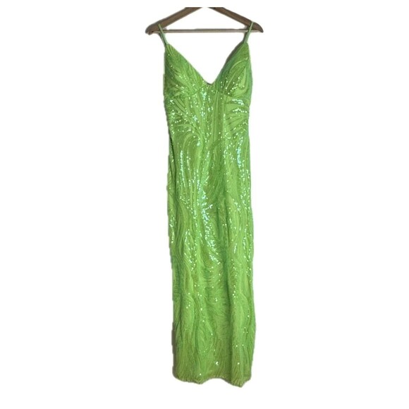 Morgan & Co Dress Womens 9 Green Sequin V Neck Spaghetti Strap Formal Prom Maxi - Picture 1 of 12